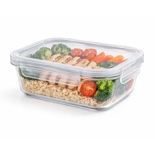 Image of Essentia Glass Lunch Box Borosilicate Container with Leakproof 4-Way Lock Lid, Removable Silicone Gasket, Anti-Slip Sleeve - Microwave & Freeze Safe, Dishwasher Safe (1050ML)