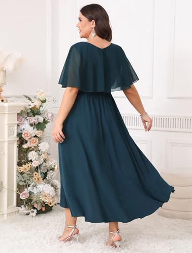 Image of Women Plus Size Long Formal Dress Short Sleeve Chiffon Ruffle V Neck High Low Split Wedding Guest Maxi Dresses