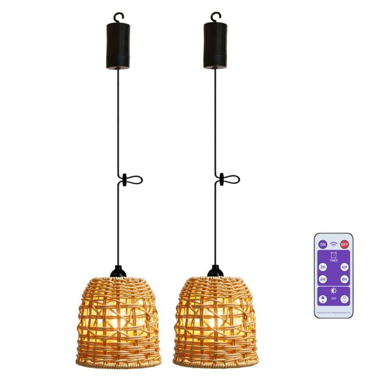 EcoGehen 2x Boho H&auml;ngelampe mit Batterie Outdoor Akku Pendelleuchte ohne stromanschluss Batteriebetriebene Lampe Rattan Lampenschirm Deckenleuchte ohne Strom f&uuml;r Garten Weihnachten Party Geschenk