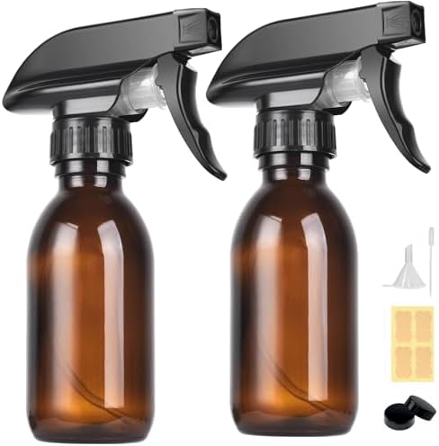 LANBEAUTIFY 4 oz Amber Glass Spray Bottles - 2 Pack Empty Refillable Bottle for Cleaning Solutions,Hair Care,Essential Oils, Plants - Durable Nozzle,with Labels &Funnel, Dropper