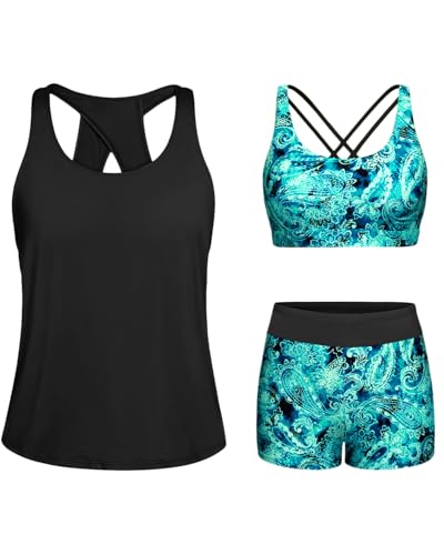 Image of 3 Piece Tankini Long Sleeve Swimsuits Athletic Rash Guard Bathing Suits | Modest,Full Coverage,High Waisted Short,Quick Dry,Criss Cross Back