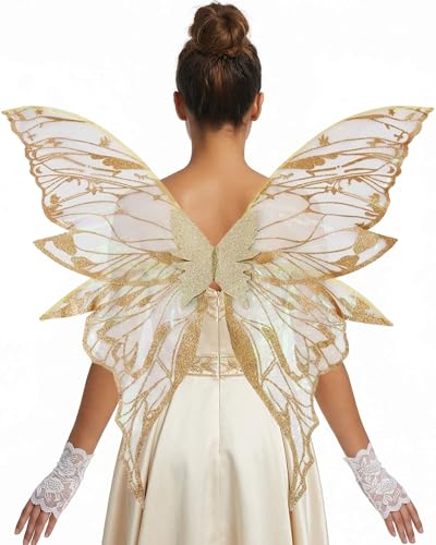 YKW Fairy Wings for Adult Women 31.5x29.5 Inch Butterfly Cosplay Wings with Lace Gloves Organza Costume Wings for Halloween Party (Gold)