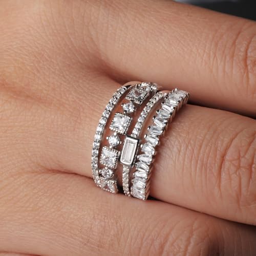 4 Pcs Cubic Zirconia Wedding Bands for Women 925 Sterling Silver, 14k White Gold Plated AAA CZ Solitaire Eternity Rings, Stackable Simulated Diamond Engagement Wedding Ring Sets for bride4