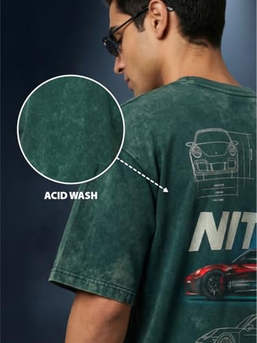 Image of Veirdo Heavy GSM Pure Cotton Men's Graphic Print Oversized Fit Half Sleeve Round Neck Cotton Acid Wash Print T-Shirt in Different Colors with Sizes ranging from S to 2XL.