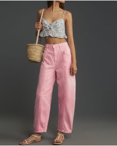 Women's Pink Barrel Jeans High Rise Wide Leg Tapered Jeans Baggy Boyfriend Pants with Pockets2