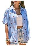 MakeMeChic Women's Striped Button Down Shirt Strawberry Blouse Short Sleeve Casual Summer Tops Blue Large