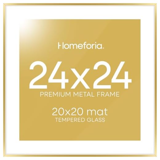 Homeforia 24x24 Gold Square Frame, High End Metal 24 x 24 Large Gold Poster Frames with Mat 20 by 20 for Photo, 24by24 Thin Picture Frame Matted to 20x20 inch Print, Tempered Glass, Wall Kit, Set of 1