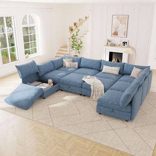 Image of 125 inch Chenille Modular Sectional Sofa Bed Hidden Storage, Convertible L U Shaped Sleeper Couch, 10 Seat Modern Modular Sectional Sofa with Removable Covers & Ottoman Chaise, for Living Room, Blue