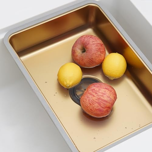 Image of Small Gold Sink,Portable Washing-Up Bowl Stainless Steel Material,Pratical Extra of Workstation Kitchen Sink,Special Embossed Design & Non Sticky Grease (Gold, 11 X 15 3 /4 inch)