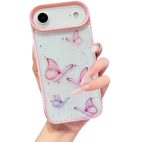 Image of VONZEE Glitter Butterfly Back Cover Case Compatible with iPhone 17 Air, Clear Cute Bling Sparkle Shiny Soft TPU Bumper Shockproof Women Girls Slim Protective Phone Cover for iPhone 17 Air 6.6 inch,Pink