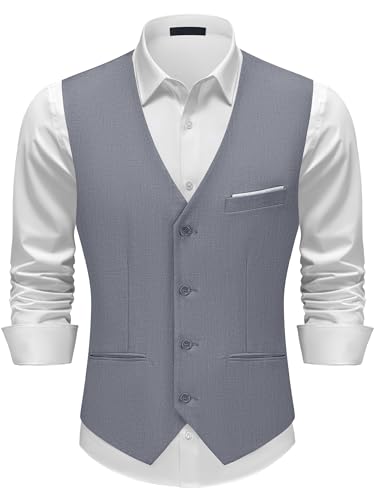 Image of Autsel Mens Waistcoat Slim Fit Business Casual Suit Vest Comfortable V-Neck Formal Waistcoat with Adjustable Strap Ideal for Weddings Proms & Office Wear Light Grey XL