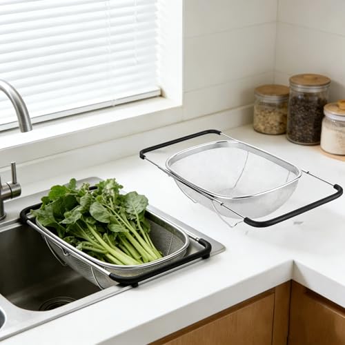 ASOUUNLD Passoire Extensible en Acier Inoxydable, Passoire Rétractable Egouttoir Evier Cuisine Passoire à Évier avec Poignée Extensible 30-42cm pour égoutter Laver...