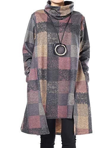 FTCayanz Damen Rollkragen Tunika Kleid Vintage Langarm Kariert Shirt A-Linie Pullover Oberteile mit Taschen Lila XL
