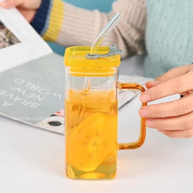 Image of 400ml Square Glass Sipper Tumbler with Lid & Straw - Reusable Can-Shaped Mug for Tea, Coffee, Juice, Milk, Fruit Drinks - Cute Glass Cup for Home, Office - Random Colour - Pack of 1