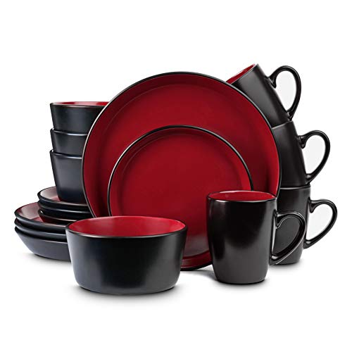 Stone Lain Stoneware Dinnerware Set Service For 4 Red and Black
