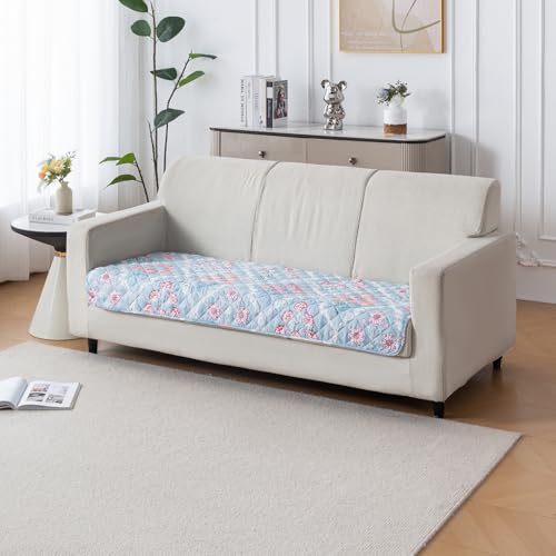 Image of House of Quirk 'Mughal Series' Printed Quilted Sofa Cover for 1 /2 /3 /4 Seater - Anti-Slip, Washable Couch Protector Slipcover (Three Seater, Gulshan Sky, 80x150 cm)