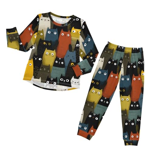 Cute Cats in Colors Soft Pajama Set for All Seasons,Breathable Pjs Long Sleeve Sleepwear,Comfy Loungewear 2 Piece Underwear Set 3T
