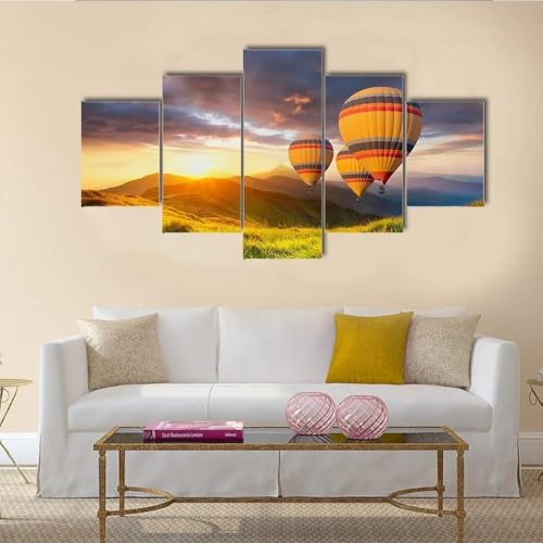 Toile peinture paysage avec monts enneigés et montgolfière pour grand mur