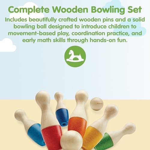 Image of PlanToys Bowling Set Wooden Montessori Gross Motor and Coordination Toy | Movement, Concentration and Early Math Learning Activity | Eco Friendly Indoor and Outdoor Bowling Game