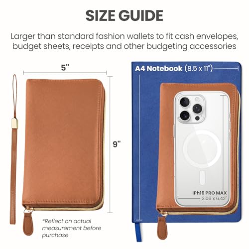 Image of Three Way Cut Cash Envelope Wallet Brown All in One Budget System RFID Blocking with 12x Tabbed Envelopes 12x Monthly Budget Cards 1x Yearly Budget Planner Sheet Complete Money Organizer Set