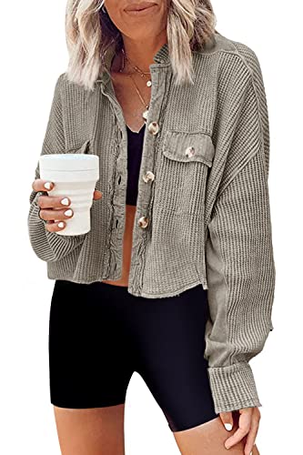 Image of Panadila Women's Cropped Waffle Knit Shacket Short Button Down Jacket Batwing Sleeve Shirts with Pocket