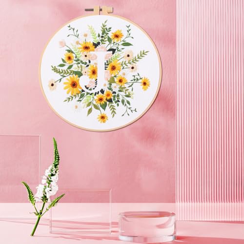 Image of IUHUI Embroidery Kit for Beginners Adults - 26 Floral Letters Easy Patterns, DIY Hand Stitching Embroidery Set with Hoop (Flower and Grass Letter J)