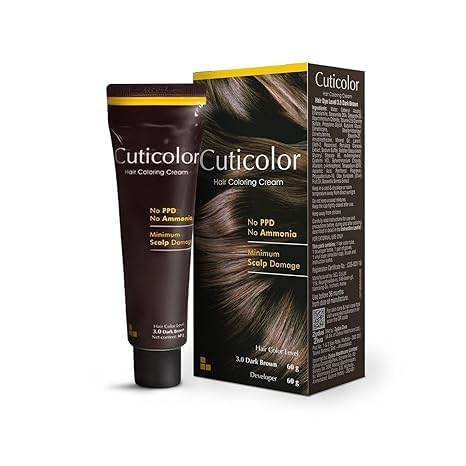 Cuticolors Hair Color Cream, Long Lasting With The Goodness Of Olive Oil 120 (60+60) gm (New Pack) No PPD, No Ammonia - Dark Brown 3.0, Pack of 1