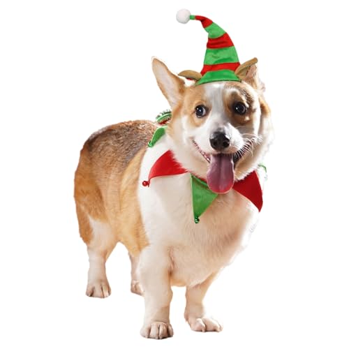 dPois Pet Dog Cats Elf Xmas Hat with Bell Neckerchief Scarf for Christmas Winter Holiday Pet Cosplay Clothes Red&Green Small