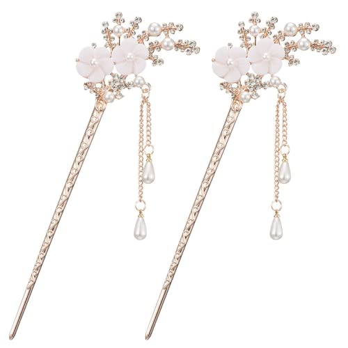 2 Pcs Rhinestone Pearl Flower Hair Stick Chinese Hair Chopsticks Vintage Tassel Hair Pin Chignon Pin Chopsticks Hair Styling Hair Making Accessories for Women (White)