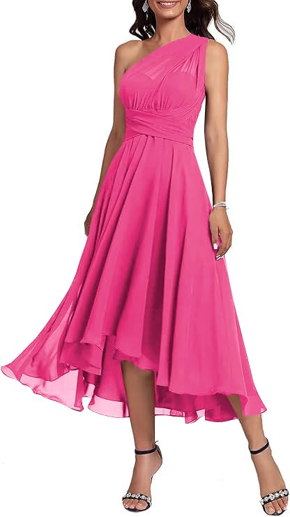 Women's Bridesmaid Dresses for Wedding Tea Length Infinity Chiffon Pleated High Low Formal Evening Party Gown