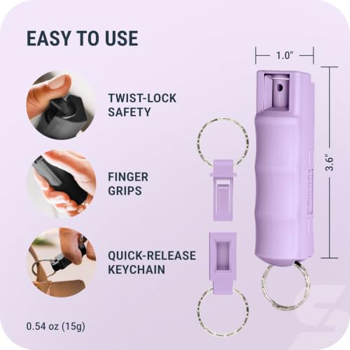Image of Sabre Pepper Spray with Quick Release Keychain for Self Defense - Maximum Police Strength OC Spray with UV Marking Dye, Twist Lock Safety, Finger Grip, 10‑Second Spray, 14‑ft Range, Made in USA