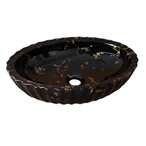 Image of Vardhman Ceramics Designer Table Top Ceramic Wash Basin Sink for Bathroom Black Golden 19 x 13 x 5 Inch