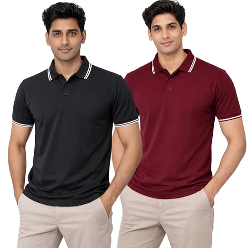 Image of Hangout Hub Men's Polo T Shirt | Solid | Plain Regular Fit Tees|Collar T-Shirts|Half Sleeves|Set of 1 & 2|HH.MP.MAR
