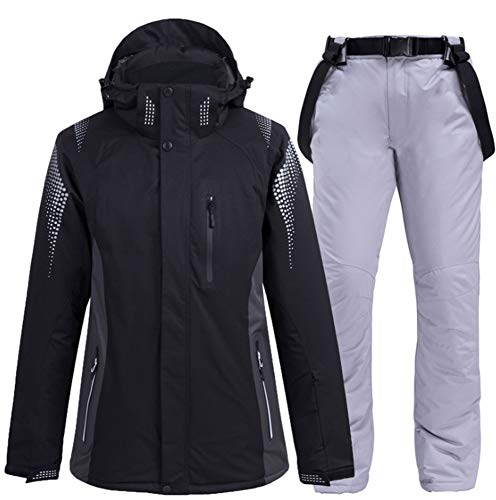Ez4garden Men Women's Ski Suit Waterproof Windproof Couple Snowsuit Warm Thickening Hooded Ski Jackets and Pants for Adult Black+Gray,S