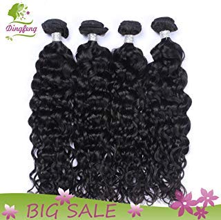 Dingfeng Hair Brazilian Water Wave 4 Bundles Wet and Wavy Human Hair Bundles 7A Unprocessed Brazilian Virgin Hair Human Hair Extensions Natural Black Color(16161616)