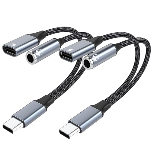 USB C to 3.5mm Audio Adapter with 60W PD Fast Charging, 2-in-1 DAC Audio Converter and Headphone Jack, Compatible with iPhone 15/15 Pro, iPad Pro, Samsung Galaxy, Gaming, Car Aux (2 Pack)