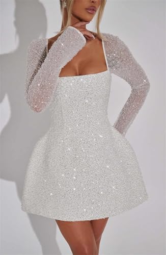 Short Sequin Homecoming HOCO Dresses 2025 for Teens A Line Long Sleeve Square Neck Cocktail Party Dress4
