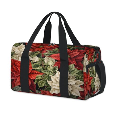 Poinsettia Flower Sports Duffle Bag for Women Men Waterproof Overnight Weekender Bag with Adjustable Strap Travel Tote Bags for Beach Yoga Work Dance Swim