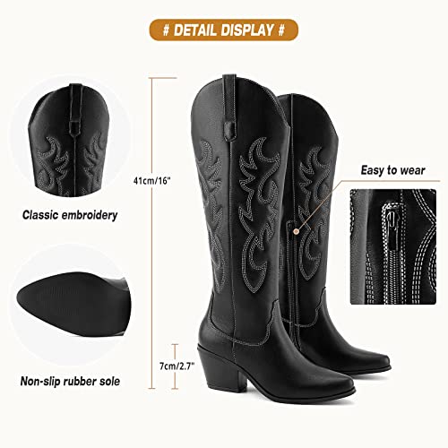 Women's Cowgirl Boots,Ladies Western Cowboy Boots Mid Calf Pull-On Pointy Toe Stacked Heel Slip On Wide Calf Long Tall Block Chunky Heel Embroidered Booties Fall Winter Prime Wedding Party Black Sliver,05 #TOP3