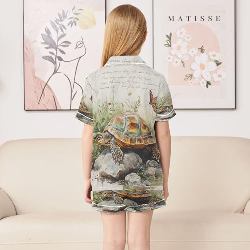 ALAZA Sea Turtle Butterfly Flower Satin Pajamas Set Short Sleeve Button Down Sleepwear Summer Pjs 2 Piece4