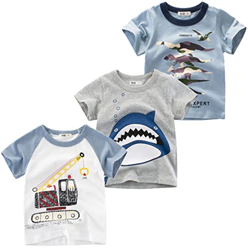 Snyemio Pack de 3 Camiseta Manga Corta Niños Algodón Bebé Estampada Dinosaurio Dibujos Animales Verano 1-7 años, Blanco, 128-134(Etiqueta 130