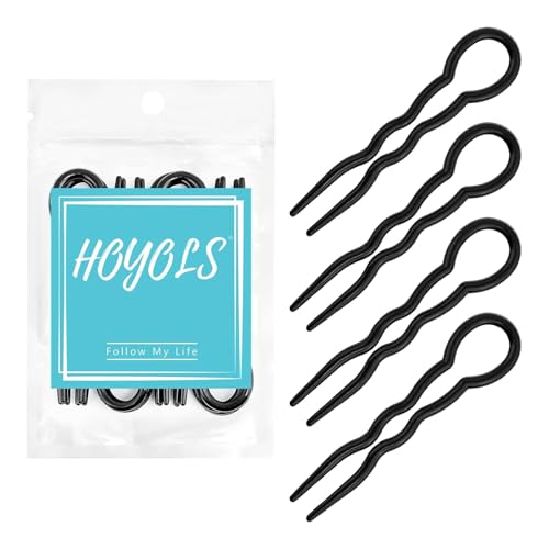 Hoyols 12 Pcs French Hair Pins for Women, 3.5 Inch Small U Shaped Hair Fork Sticks for Buns, Wavy Crink Plastic No-Damage Chignon Updo Accessories Black