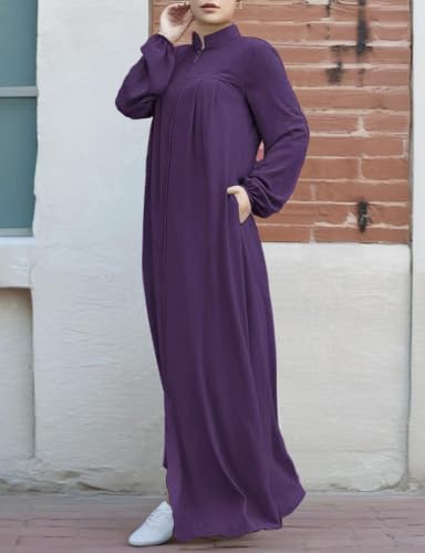 Image of Womens Abaya Muslim Long Sleeve Front Zipper Dress Prayer Islamic Clothes with Pockets