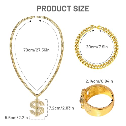 Xumann 3pcs Gold Chain Fancy Dress for Rapper,Hip Hop Costume for Rapper Women Men,Dollar Sign Necklace Accessories - Image 2