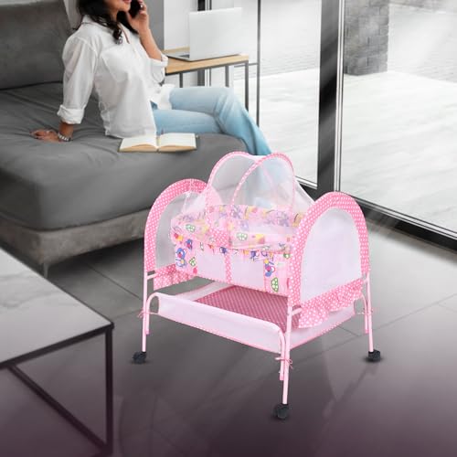 Image of FLIPZON Baby Cradle with Mosquito Net & Lockable Wheels | Foldable Baby Jhula /Palna with Storage Basket & Soft Mattress | Portable Newborn Baby Bed Crib for Infants (Pink)