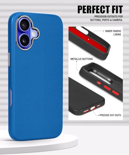 Image of WOW IMAGINE Back Cover for iPhone 16 | Shockproof Tough Leather Texture Hard Mobile Case | Ultra Slim Non-Slip Grip | Inner Velvet Fabric | Metal Camera Ring - Blue