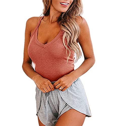 Jueshanzj Spring and Summer - Camiseta sin mangas para mujer, color liso, sexy, cuello en V, talla pequeña, Rosa y rojo., XXL Cover