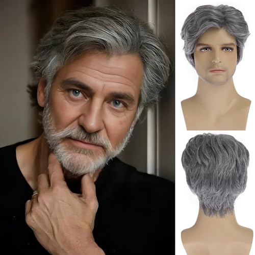 Dsimeig Mens Wig Grey Hair Short Layered Synthetic Natural Wigs for Halloween Party Costume