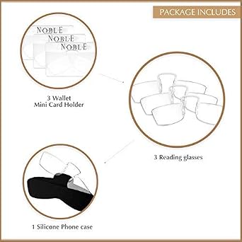 Noble Small Reading Glasses (3 Pack) - Rimless Readers with 3 Wallet Credit Card Holders and 1 Cell Phone Case