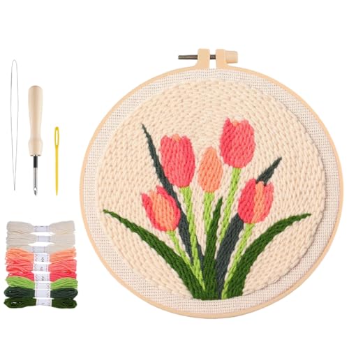 Image of PATPAT 20x20CM DIY Tufting Art Craft Kits Cute Pink Flower Punch Needle Kit Embroidery Kit for Beginners DIY Hoop Embroidery Kit with Punch Needles, Hoop, Handmade Art Kits Gift for Kids Adults